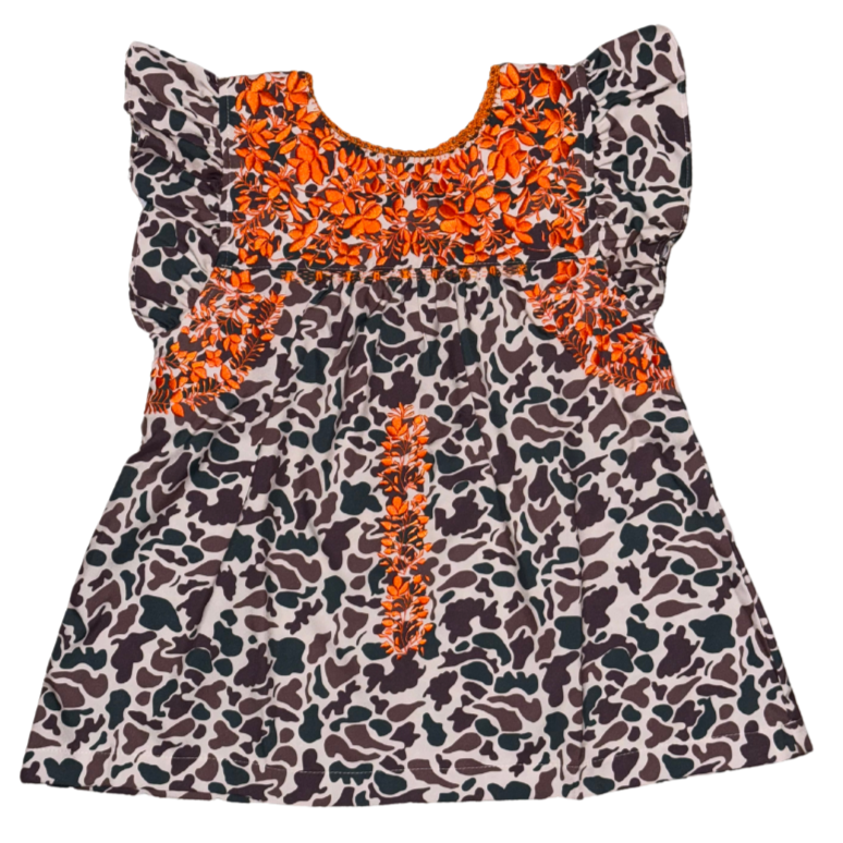 New Camo & Orange Flutter Sleeve Top