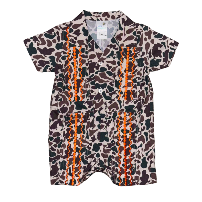 New Camo & Orange Boy’s Guayabera Romper